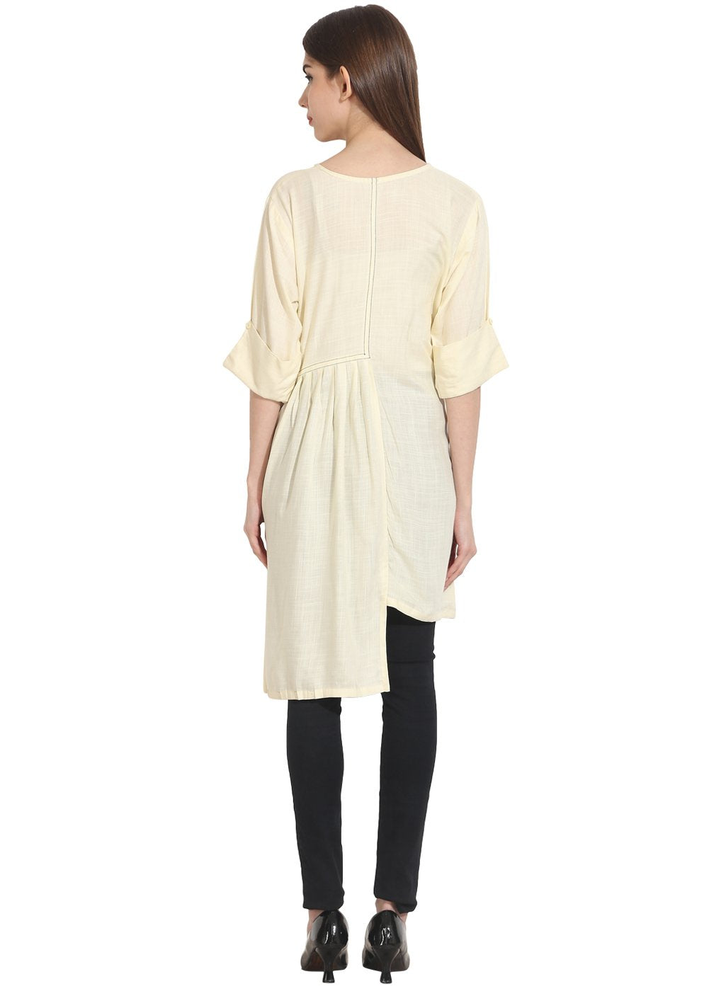 Women's Cream 3/4Th Sleeve Assymetical Georgette Kurta