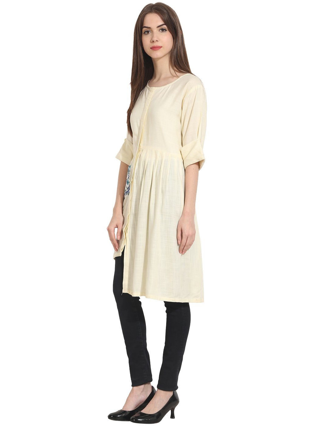 Women's Cream 3/4Th Sleeve Assymetical Georgette Kurta