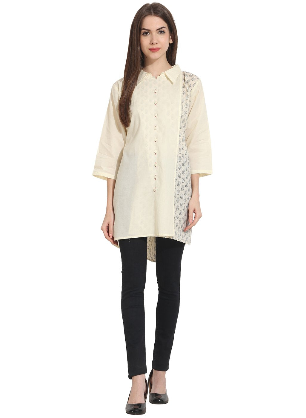 Women's Cream Color 3/4 Sleeve Cotton Tunics