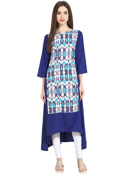 Women's Blue 3/4Th Sleeve Low-High Rayon Kurta