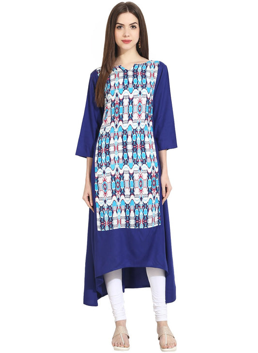 Women's Blue 3/4Th Sleeve Low-High Rayon Kurta