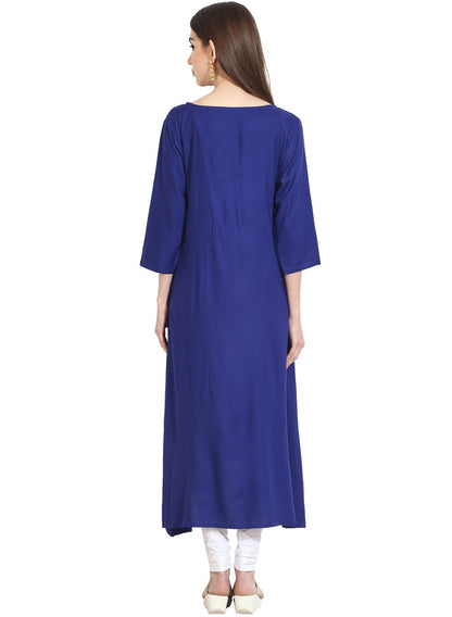 Women's Blue 3/4Th Sleeve Low-High Rayon Kurta