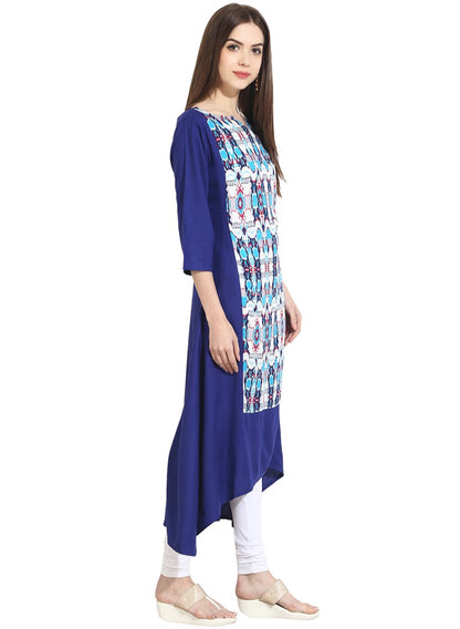 Women's Blue 3/4Th Sleeve Low-High Rayon Kurta