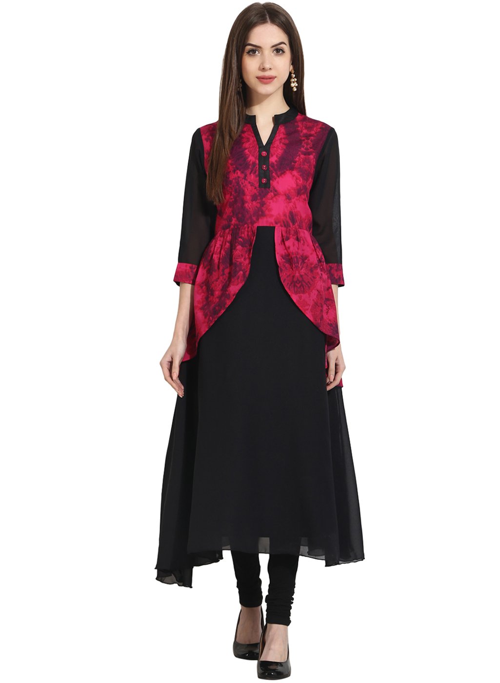 Women's Black 3/4Th Sleeve Georgette Anarkali Kurta With Printed Yoke