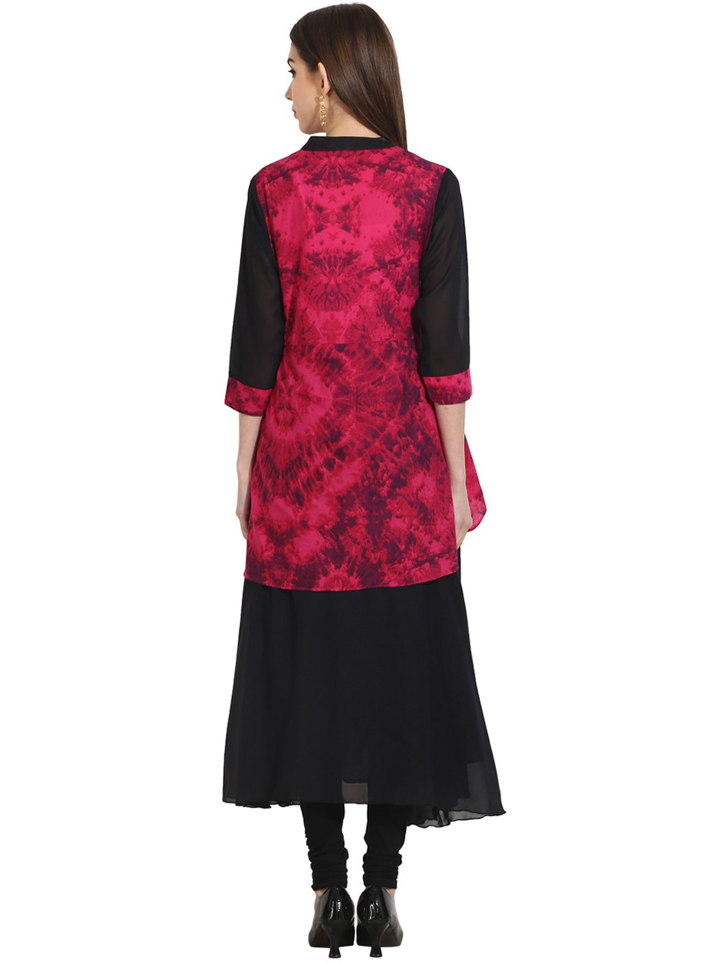 Women's Black 3/4Th Sleeve Georgette Anarkali Kurta With Printed Yoke