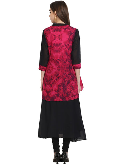 Women's Black 3/4Th Sleeve Georgette Anarkali Kurta With Printed Yoke