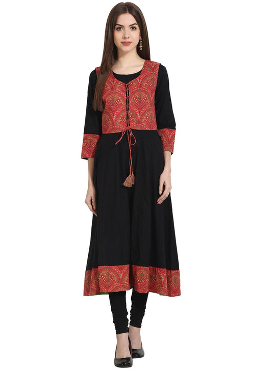 Women's Black 3/4Th Sleeve Anarkali Kurta With Printed Jacket