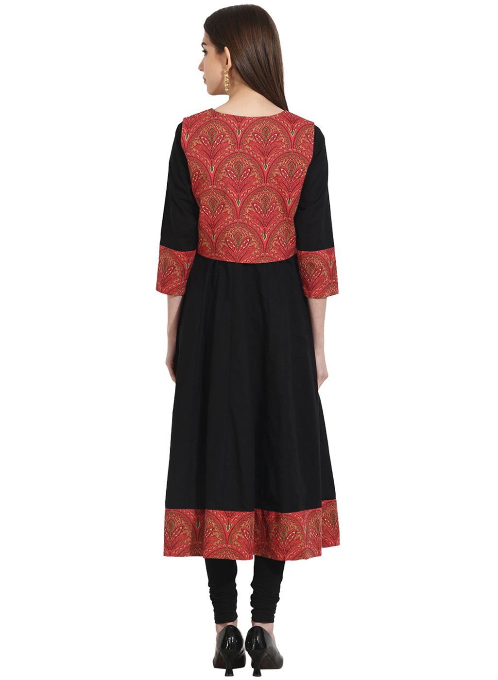Women's Black 3/4Th Sleeve Anarkali Kurta With Printed Jacket