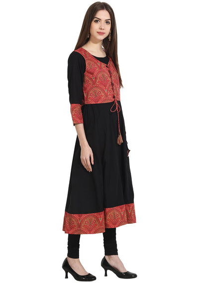 Women's Black 3/4Th Sleeve Anarkali Kurta With Printed Jacket