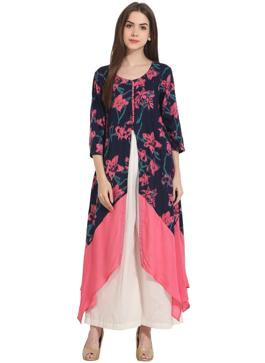 Women's Multi Printed 3/4Th Sleeve Rayon Front Open Assymetrical Kurta