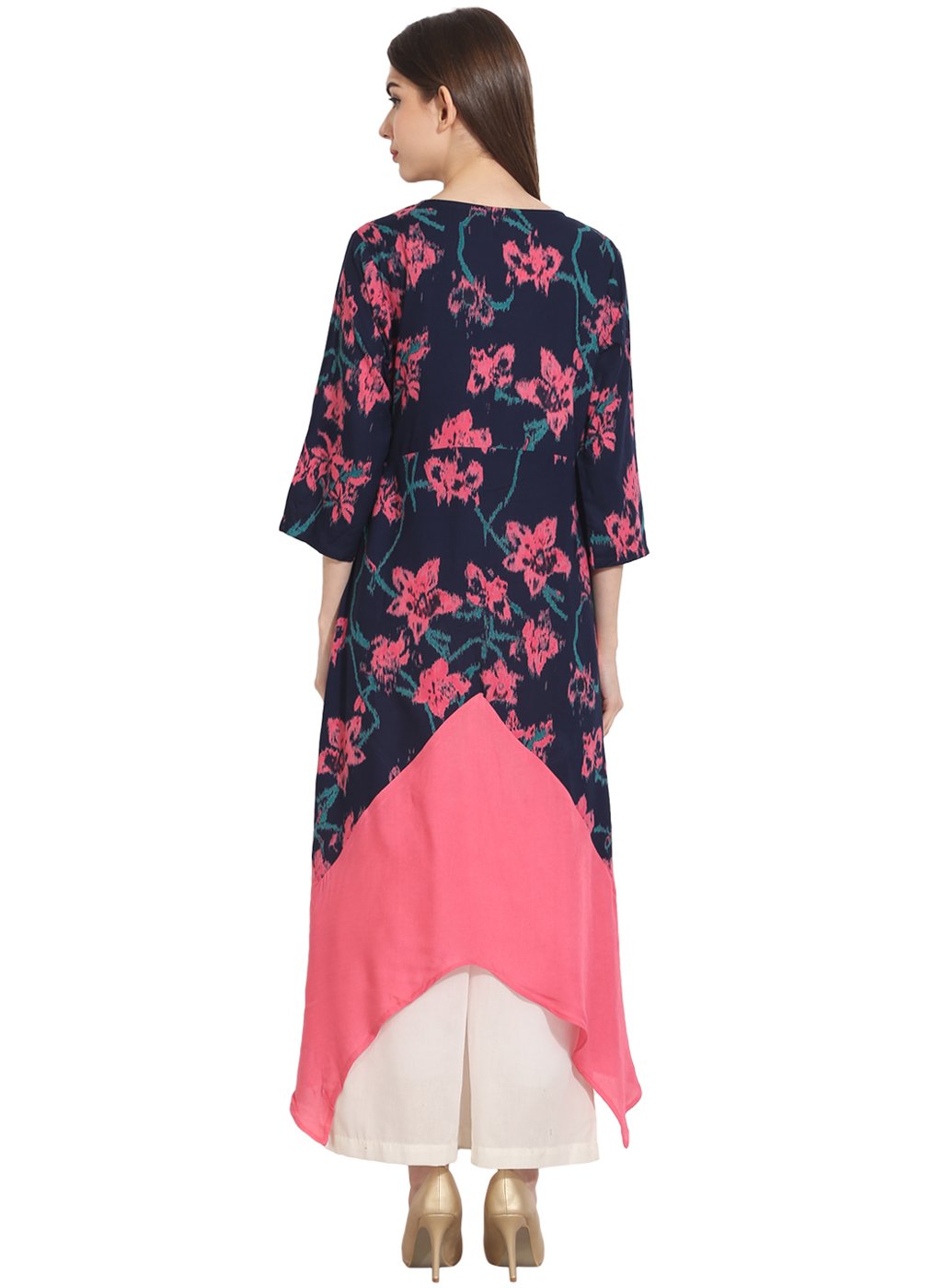 Women's Multi Printed 3/4Th Sleeve Rayon Front Open Assymetrical Kurta