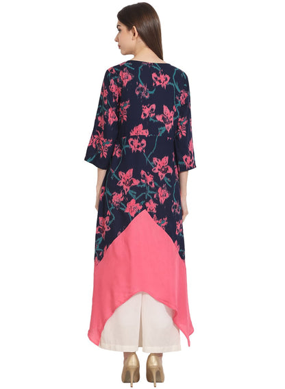 Women's Multi Printed 3/4Th Sleeve Rayon Front Open Assymetrical Kurta