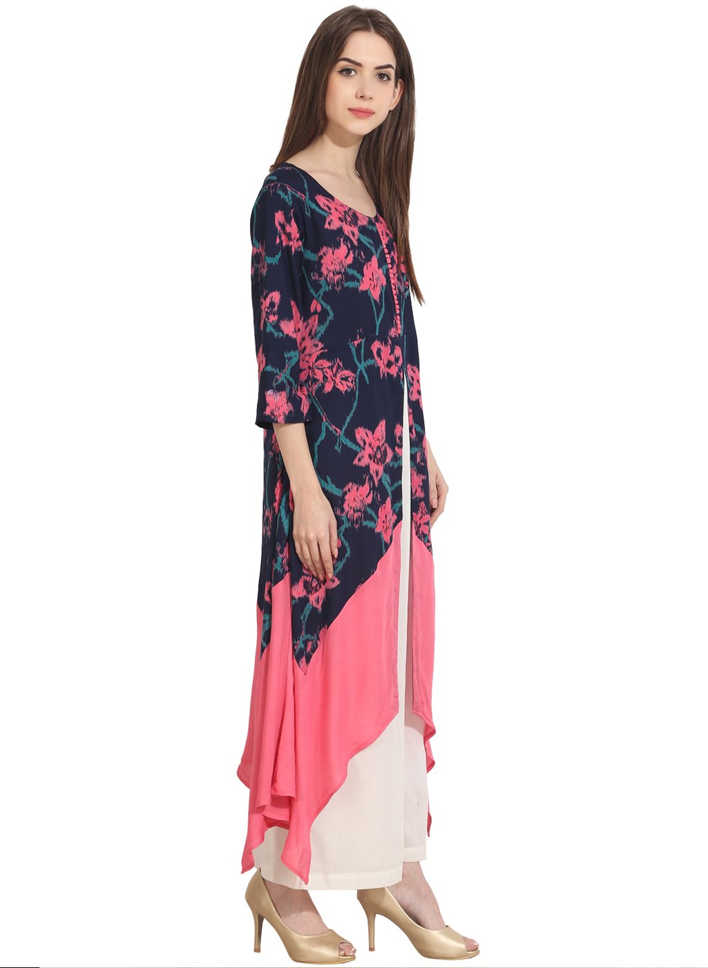 Women's Multi Printed 3/4Th Sleeve Rayon Front Open Assymetrical Kurta