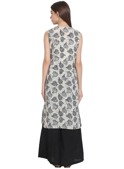 Women's White Printed Sleevless Cotton Kurta
