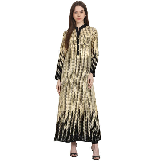 Women's Beige & Black Printed Full Sleeve Ankle Length Cotton Kurta