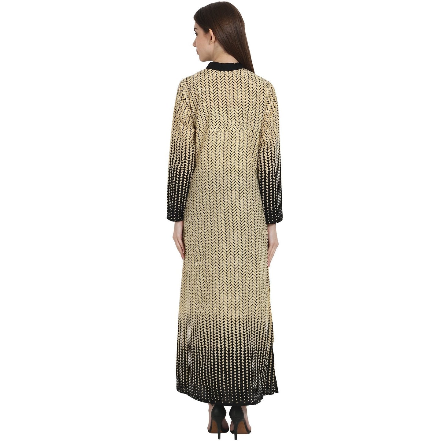 Women's Beige & Black Printed Full Sleeve Ankle Length Cotton Kurta