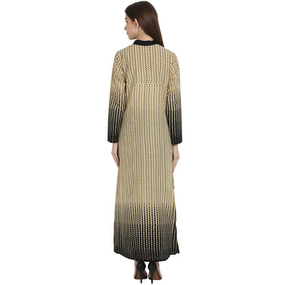 Women's Beige & Black Printed Full Sleeve Ankle Length Cotton Kurta