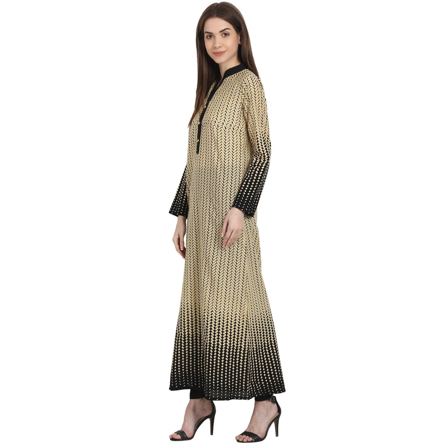 Women's Beige & Black Printed Full Sleeve Ankle Length Cotton Kurta