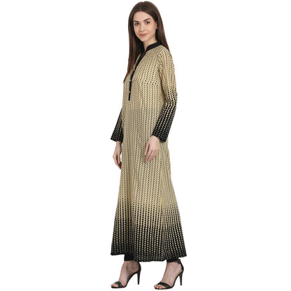 Women's Beige & Black Printed Full Sleeve Ankle Length Cotton Kurta