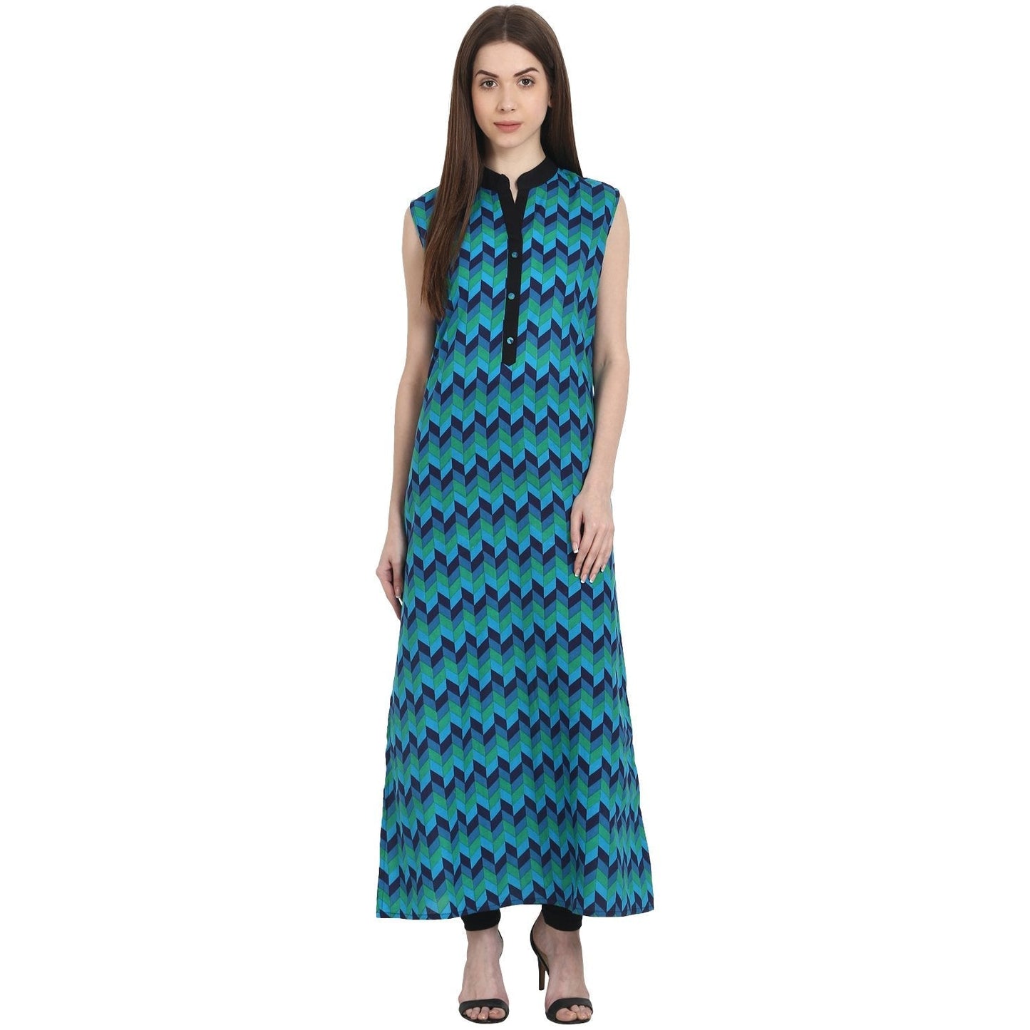 Women's Blue Printed Sleevless Ankle Length Kurta