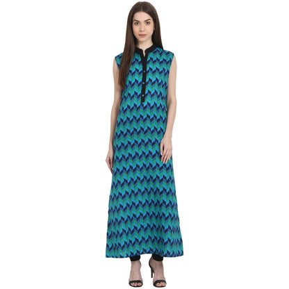 Women's Blue Printed Sleevless Ankle Length Kurta
