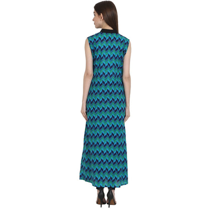 Women's Blue Printed Sleevless Ankle Length Kurta