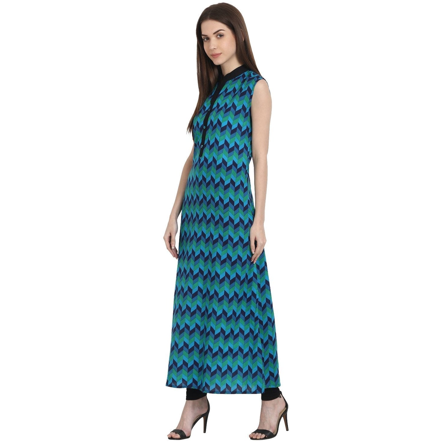 Women's Blue Printed Sleevless Ankle Length Kurta