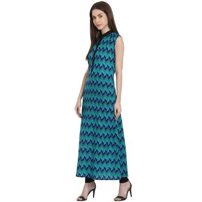 Women's Blue Printed Sleevless Ankle Length Kurta