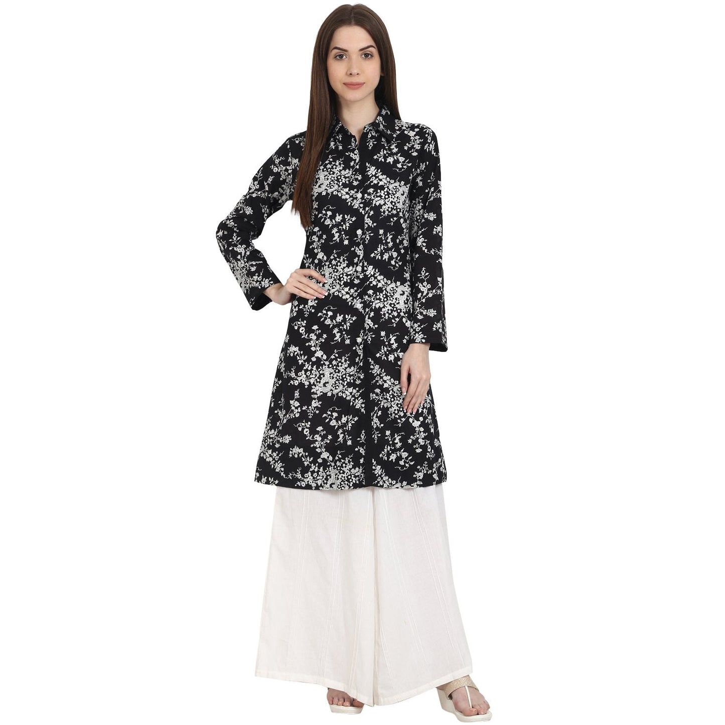 Women's Black Printed Full Sleeve Front Open Cotton Tunics