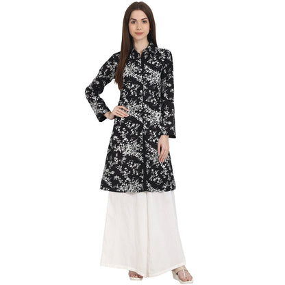Women's Black Printed Full Sleeve Front Open Cotton Tunics