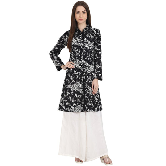 Women's Black Printed Full Sleeve Front Open Cotton Tunics