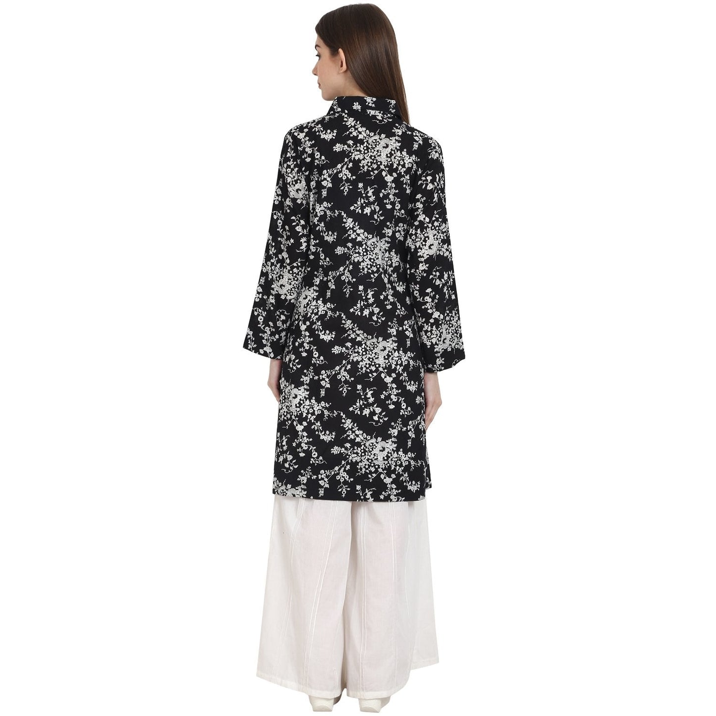 Women's Black Printed Full Sleeve Front Open Cotton Tunics