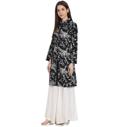 Women's Black Printed Full Sleeve Front Open Cotton Tunics