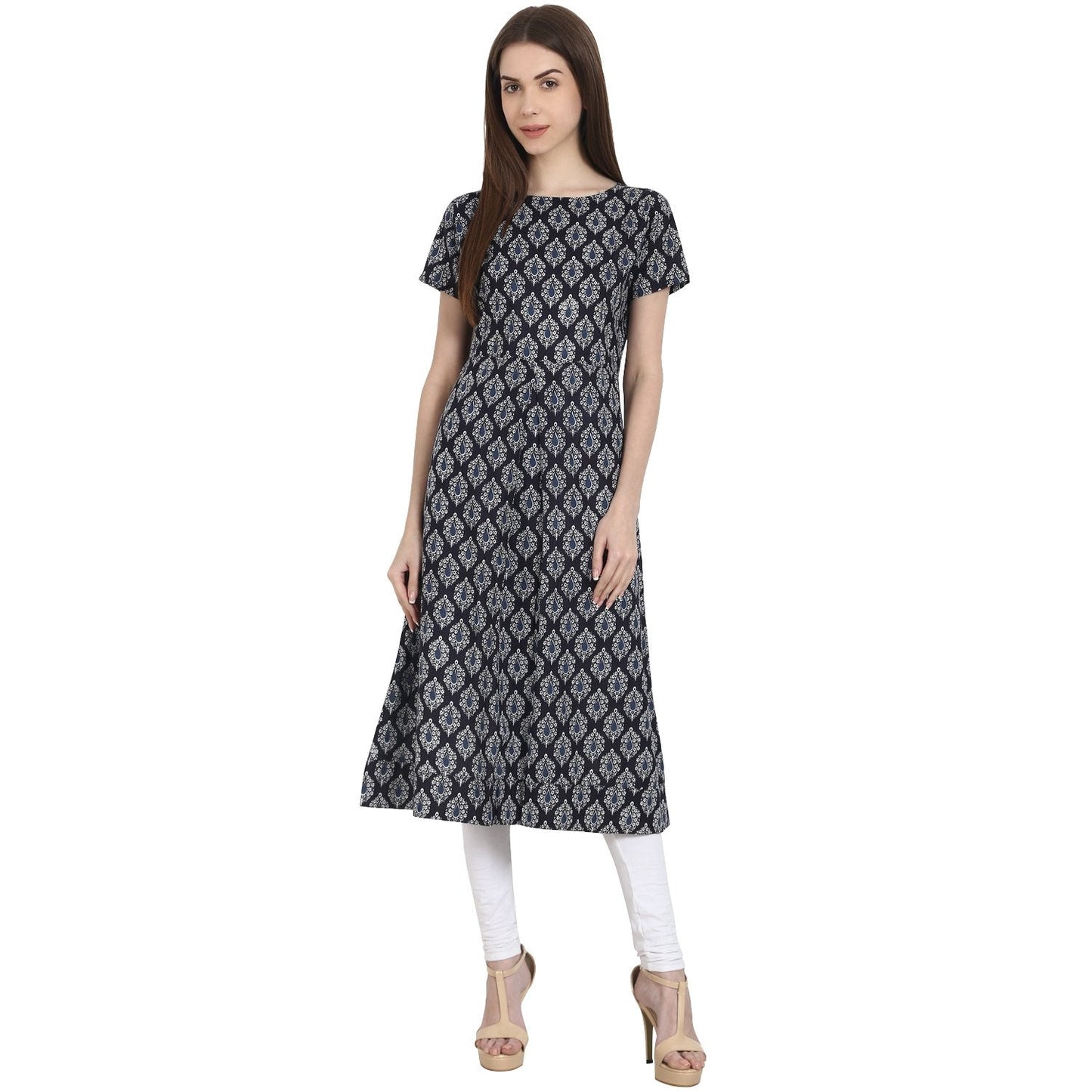 Women's Blue Butta Printed Cap Sleeve Rayon Kurta