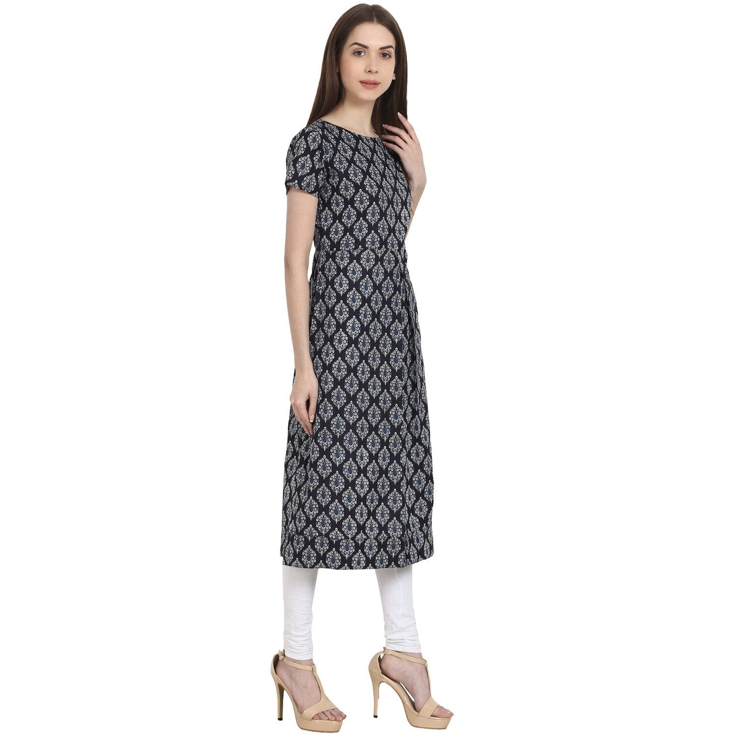 Women's Blue Butta Printed Cap Sleeve Rayon Kurta