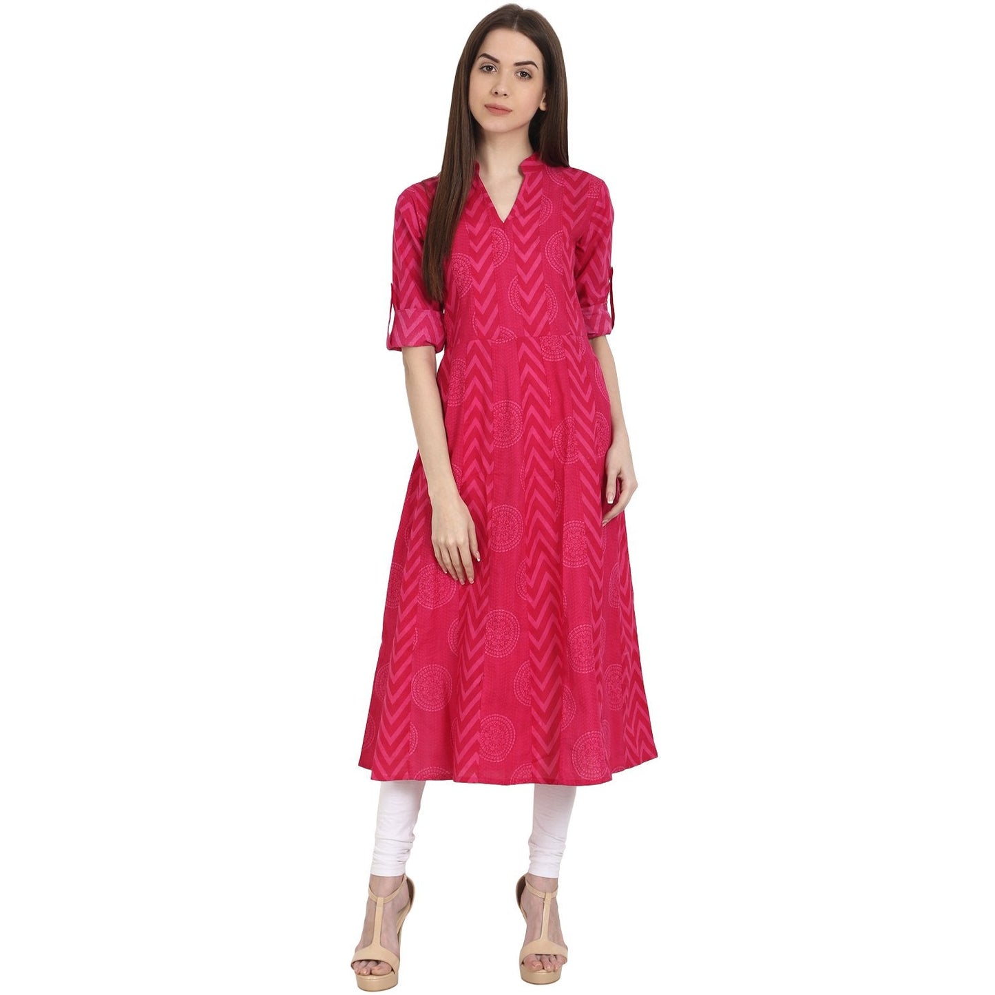 Women's Red Printed 3/4 Sleeve Cotton Kurta