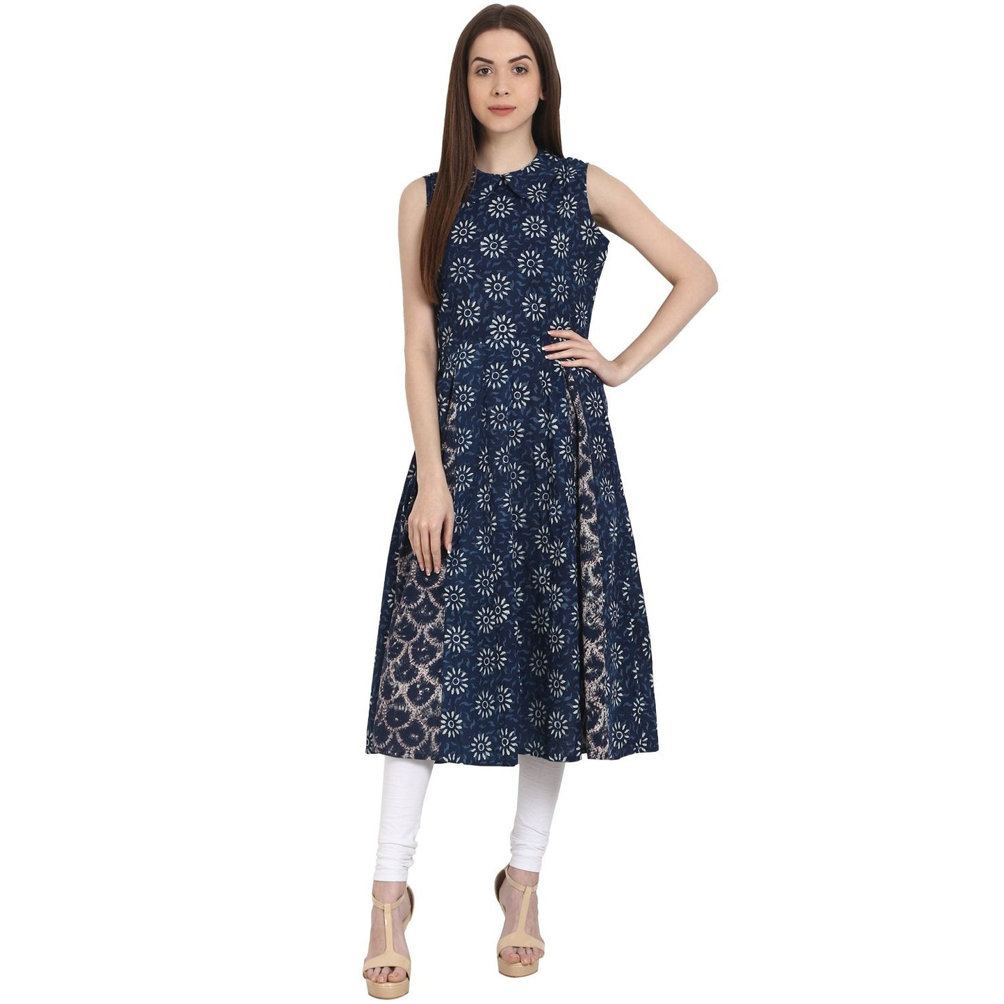 Women's Blue Printed Sleevless A-Line Kurta