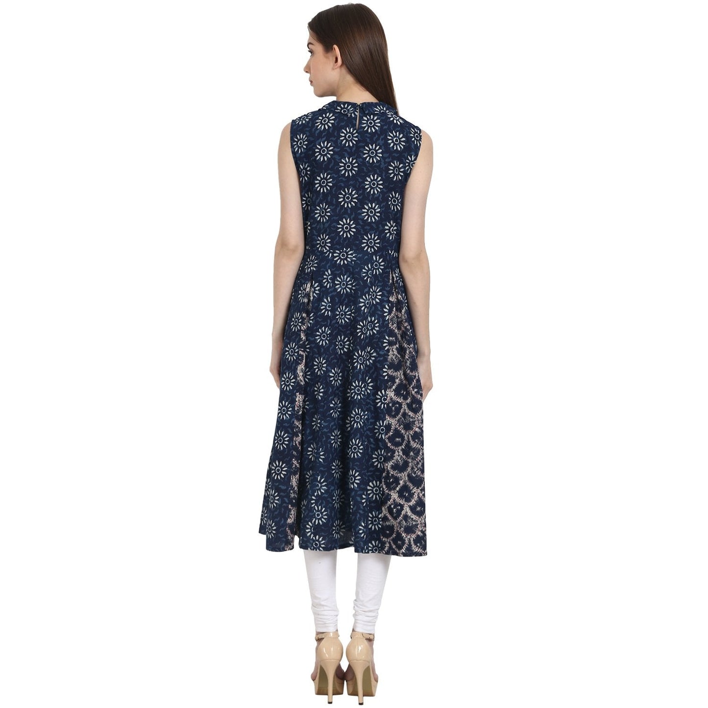Women's Blue Printed Sleevless A-Line Kurta