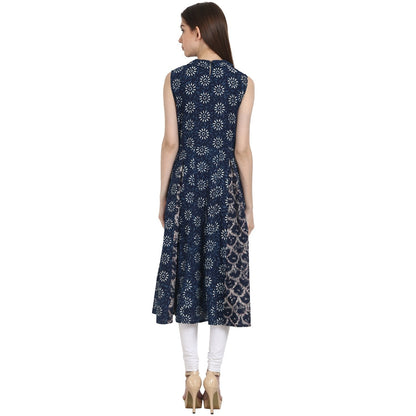 Women's Blue Printed Sleevless A-Line Kurta