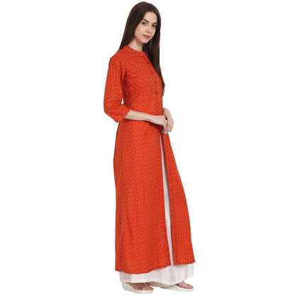 Women's Rust Printed 3/4 Sleeve Rayon Front Open Kurta