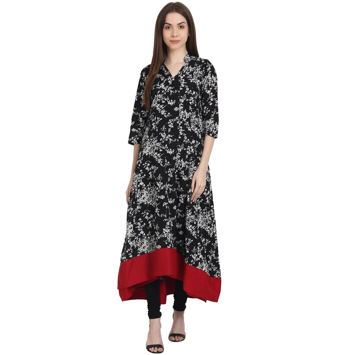 Women's Black Printed 3/4 Sleeve Low High Cotton Anarkali Kurta