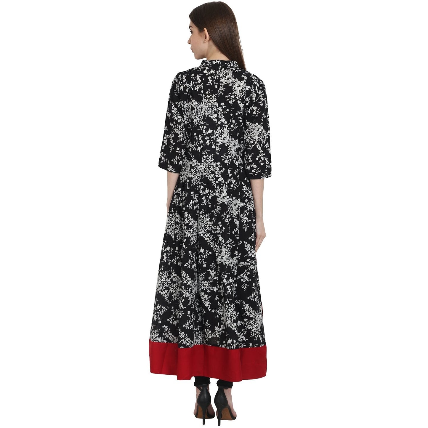 Women's Black Printed 3/4 Sleeve Low High Cotton Anarkali Kurta