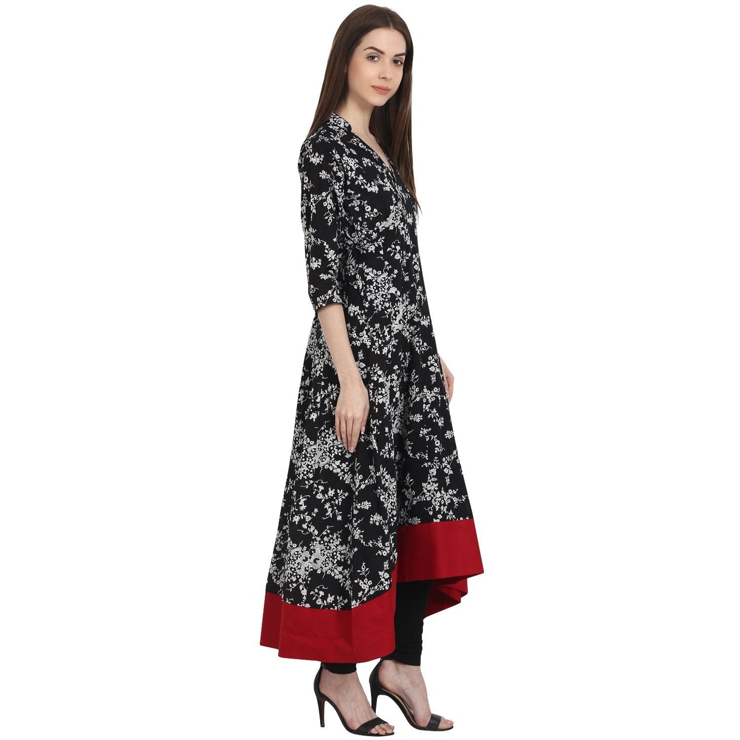 Women's Black Printed 3/4 Sleeve Low High Cotton Anarkali Kurta