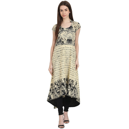 Women's Beige Printed Cap Sleeve Low High Kurta
