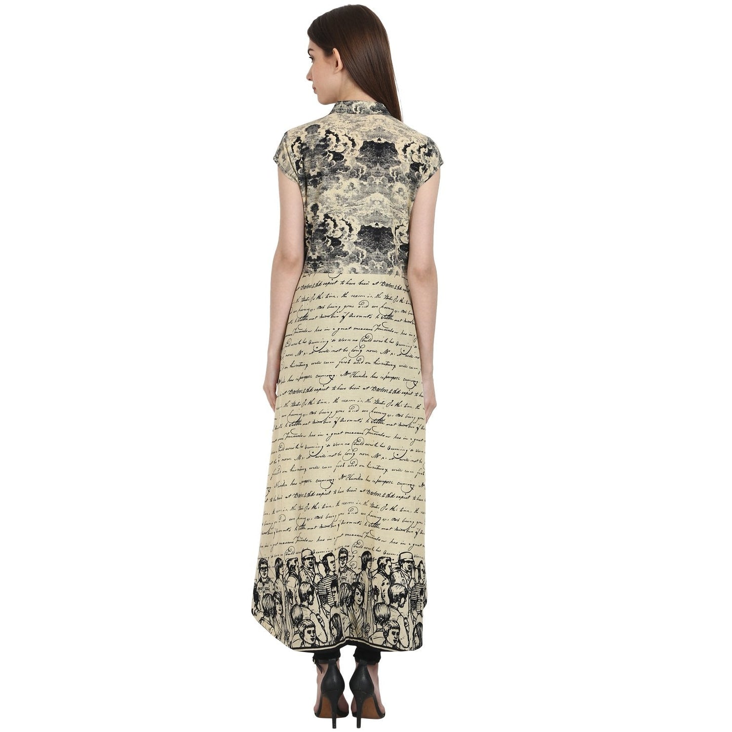 Women's Beige Printed Cap Sleeve Low High Kurta