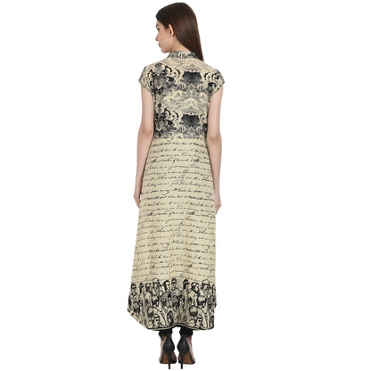 Women's Beige Printed Cap Sleeve Low High Kurta