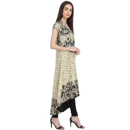Women's Beige Printed Cap Sleeve Low High Kurta