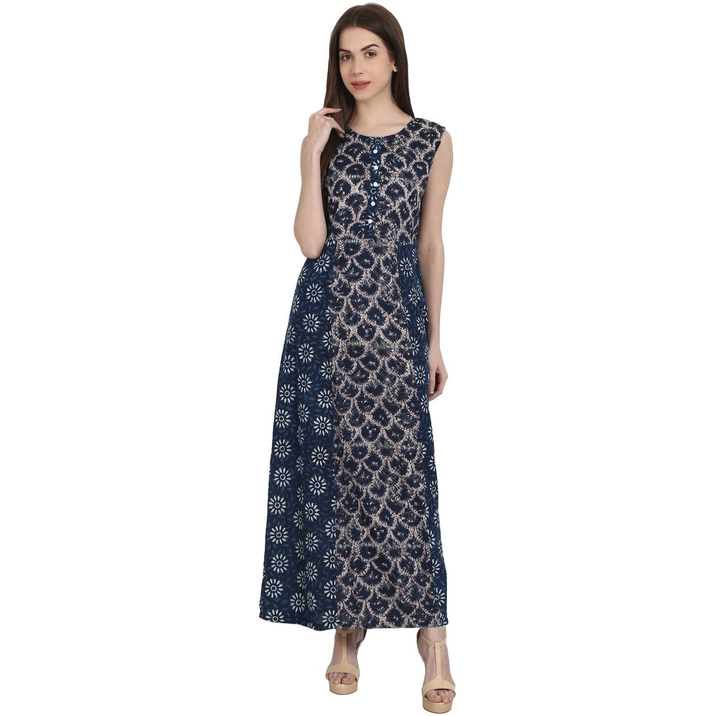 Women's Blue Printed Sleevless Rayon Kurta