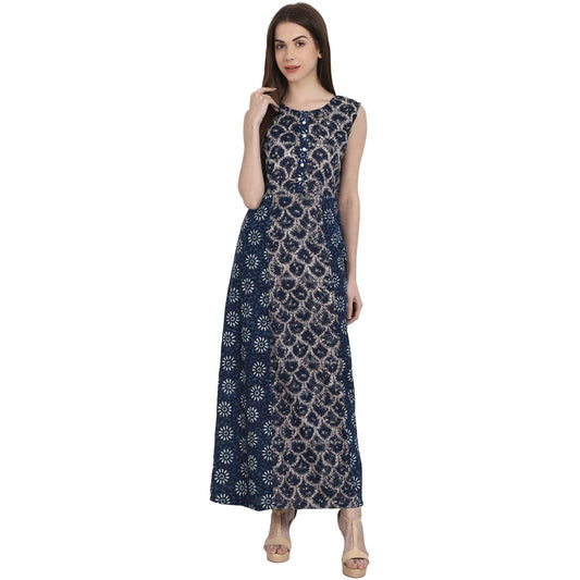 Women's Blue Printed Sleevless Rayon Kurta