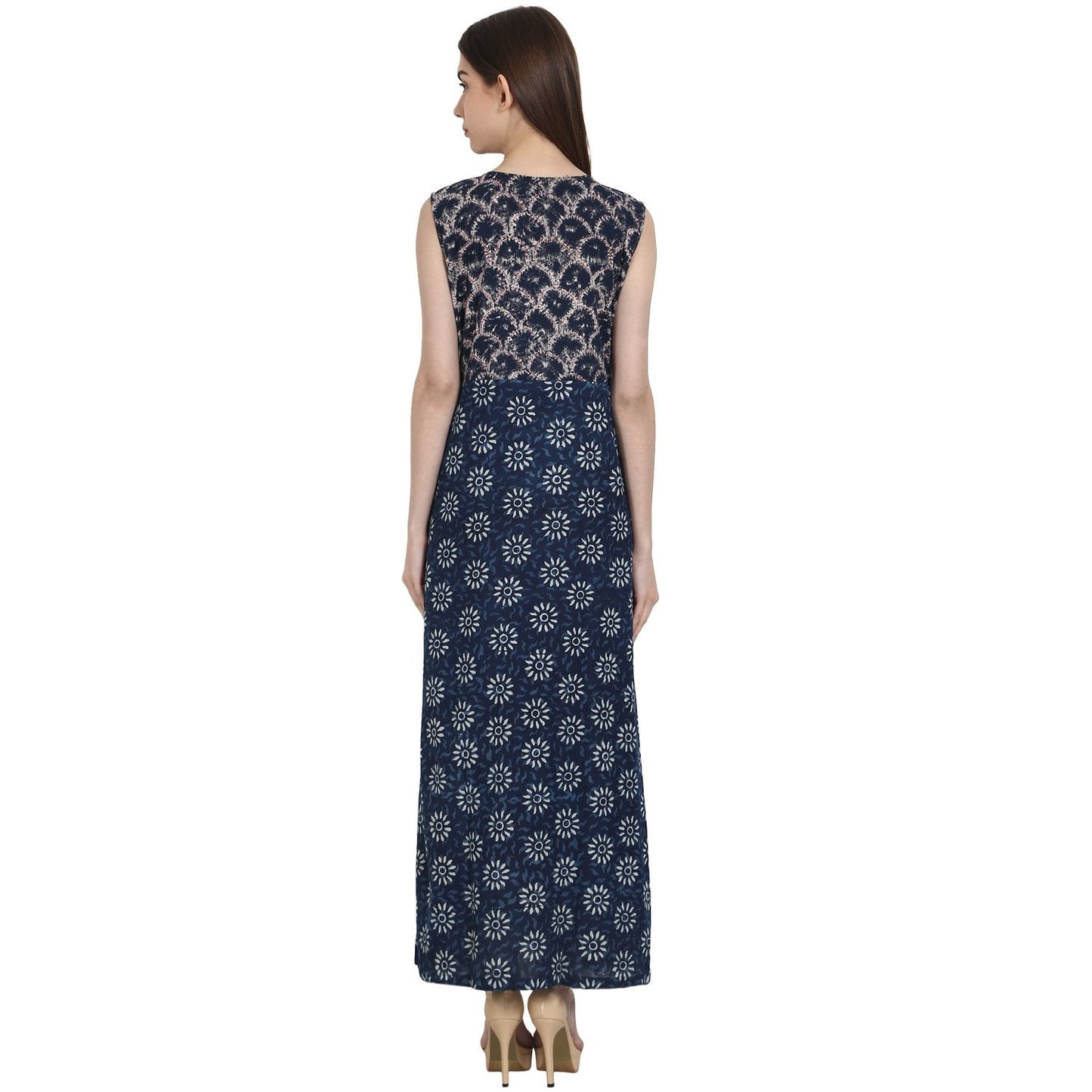 Women's Blue Printed Sleevless Rayon Kurta
